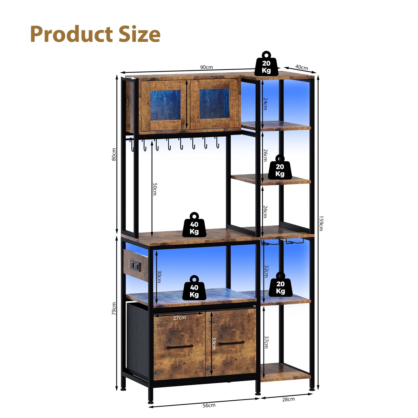 Advwin Bakers Rack with Power Outlet & LED Light