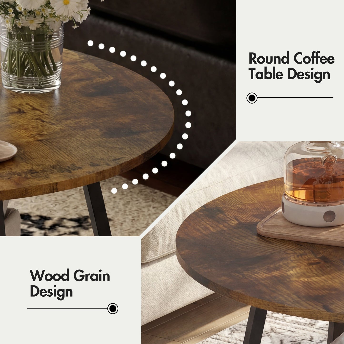 Advwin 73cm Round Coffee Table 2-Tier w/ Open Shelf