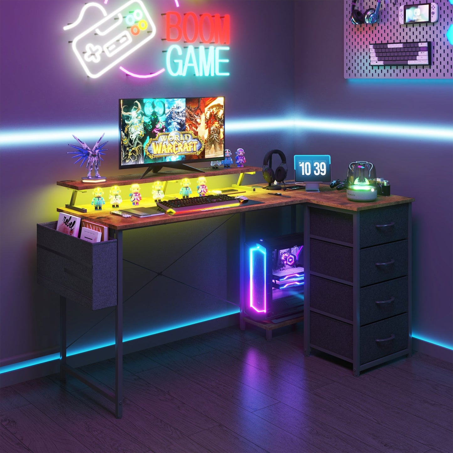 Advwin L Shaped Gaming Desk with LED Lights