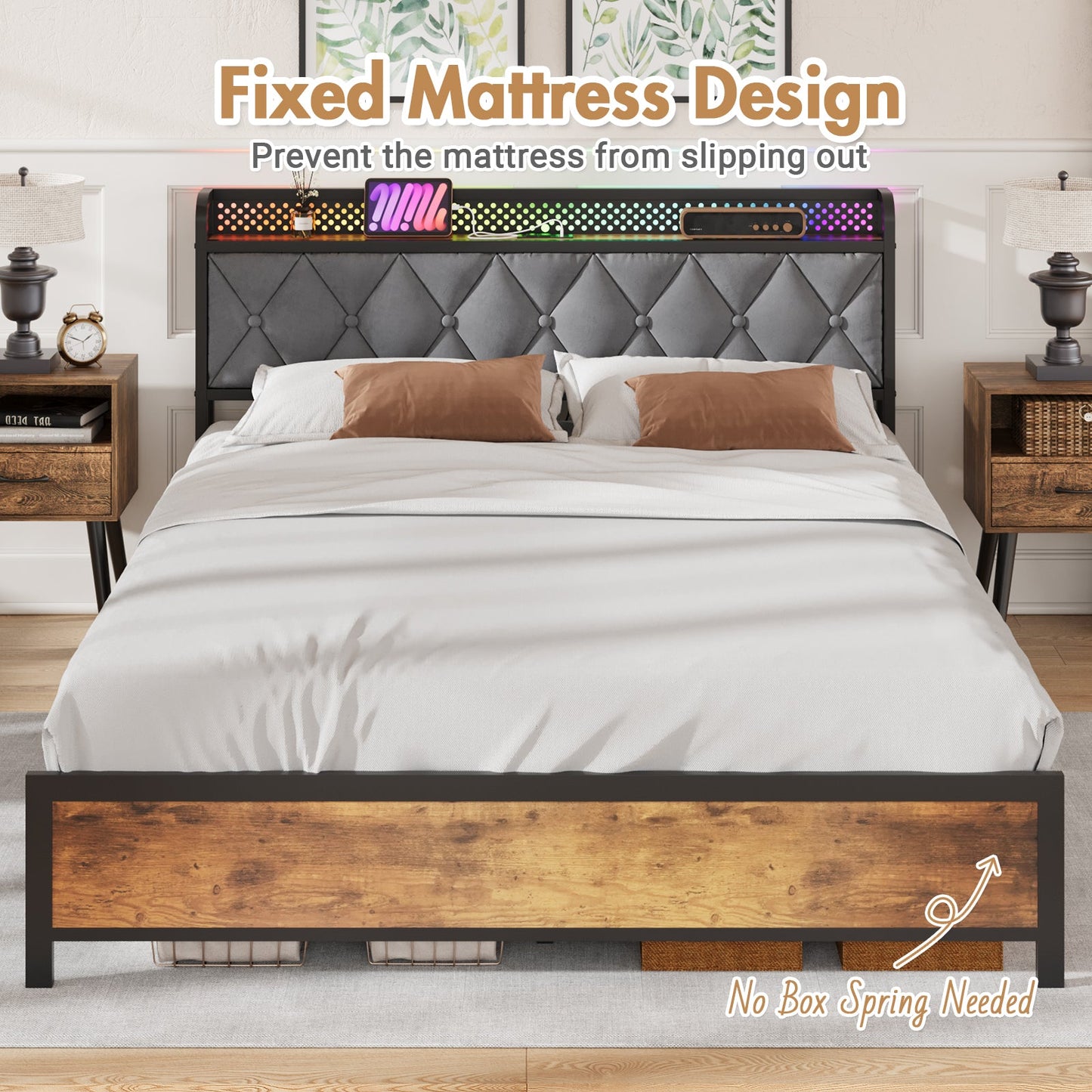 Advwin RGB LED Lights Bed Frame w/Charging Station