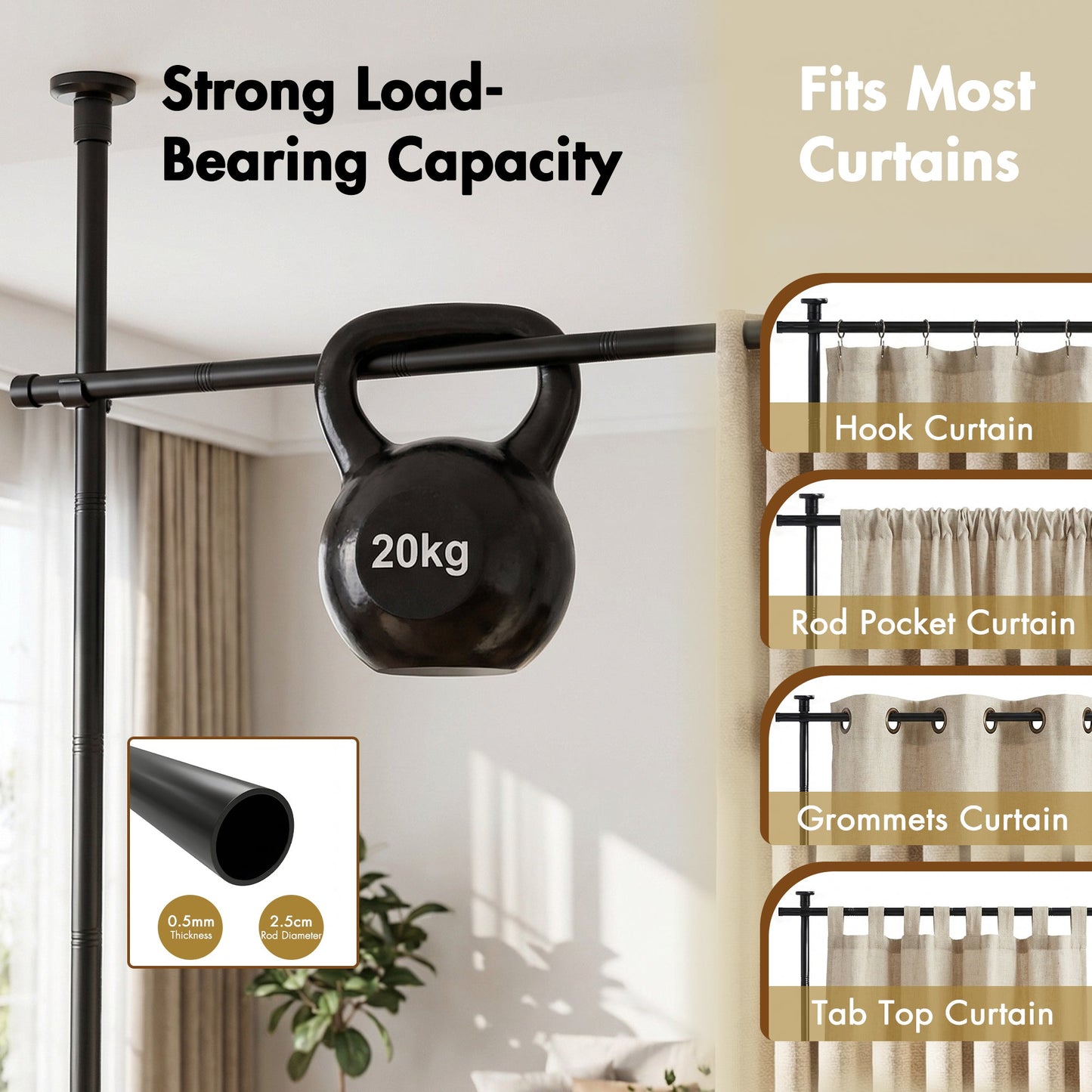 Advwin No Drill Adjustable Room Divider Curtain Rod Black