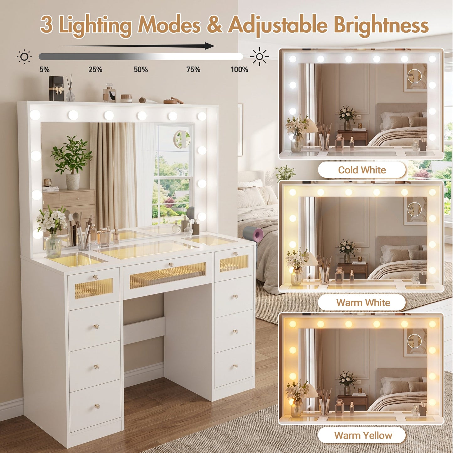 Advwin Makeup Vanity w/ LED Glass Top & Charging Station