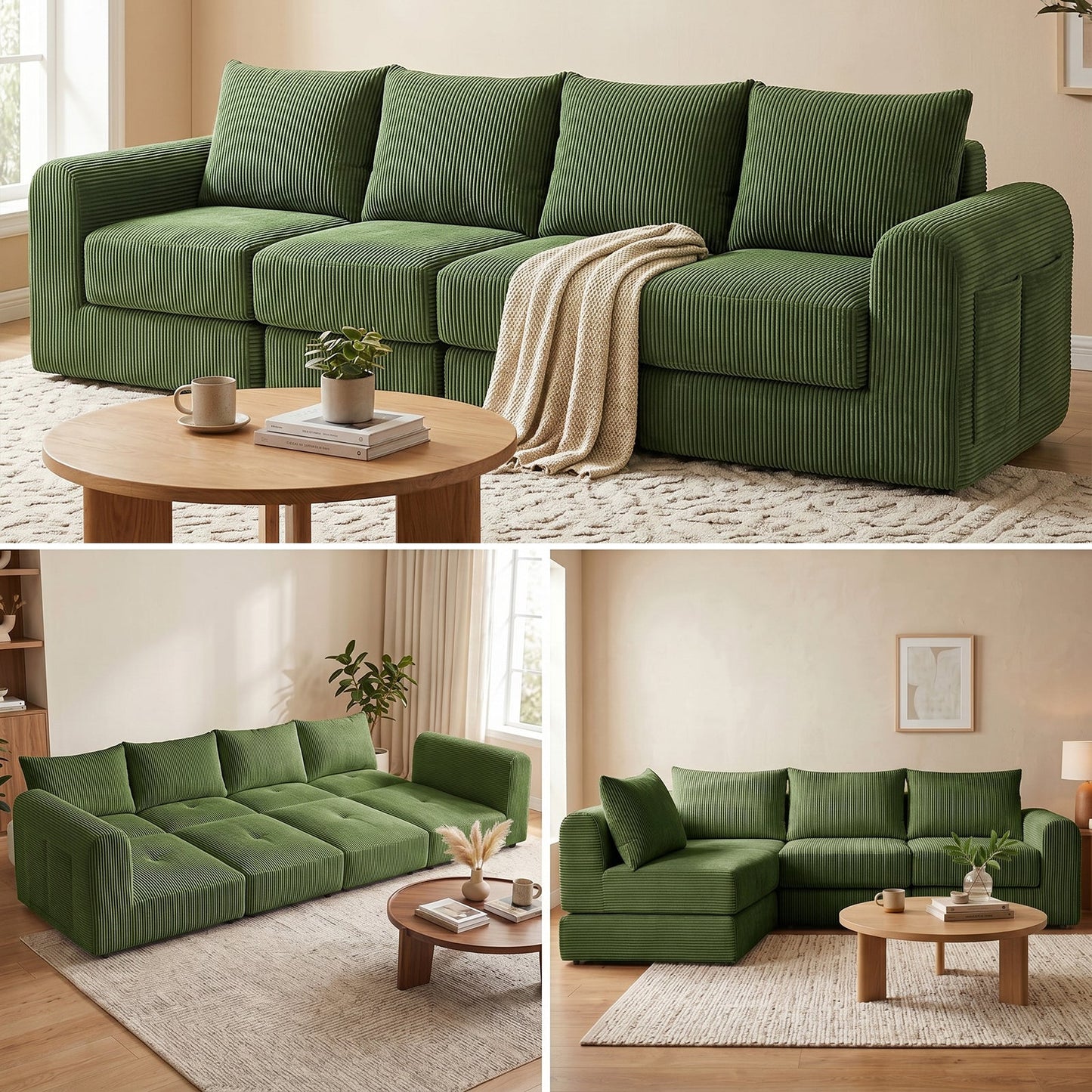 Advwin 300cm Corduroy 4-Seater Modular Sofa Bed