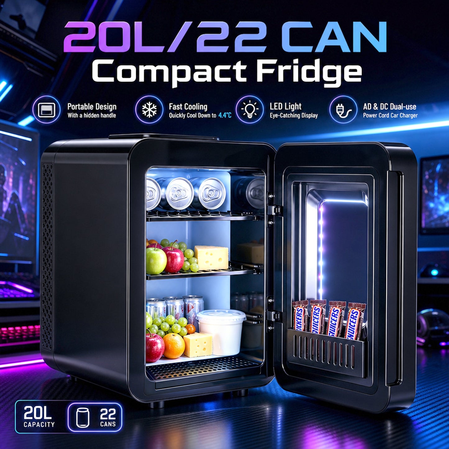 Advwin 20L Mini Fridge with LED Light for Bedroom
