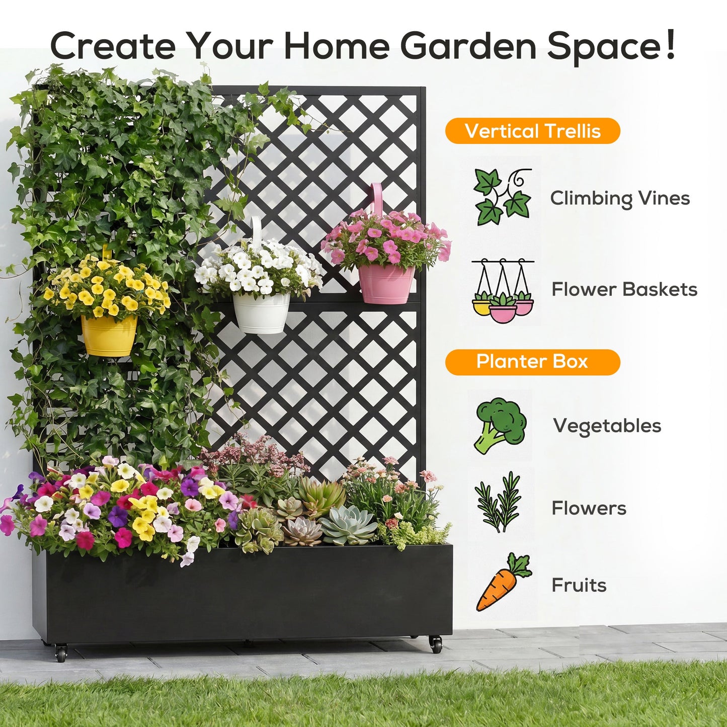 Advwin Planter Box Privacy Screen with Trellis & Wheels