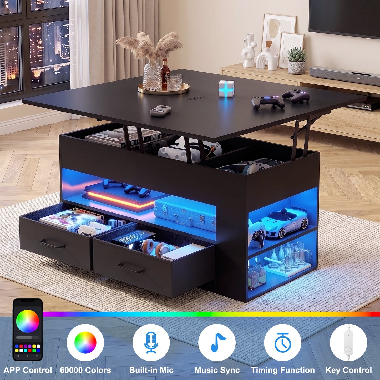 Advwin 4-in-1 Lift Top Coffee Table w/ LED Lights & Storage