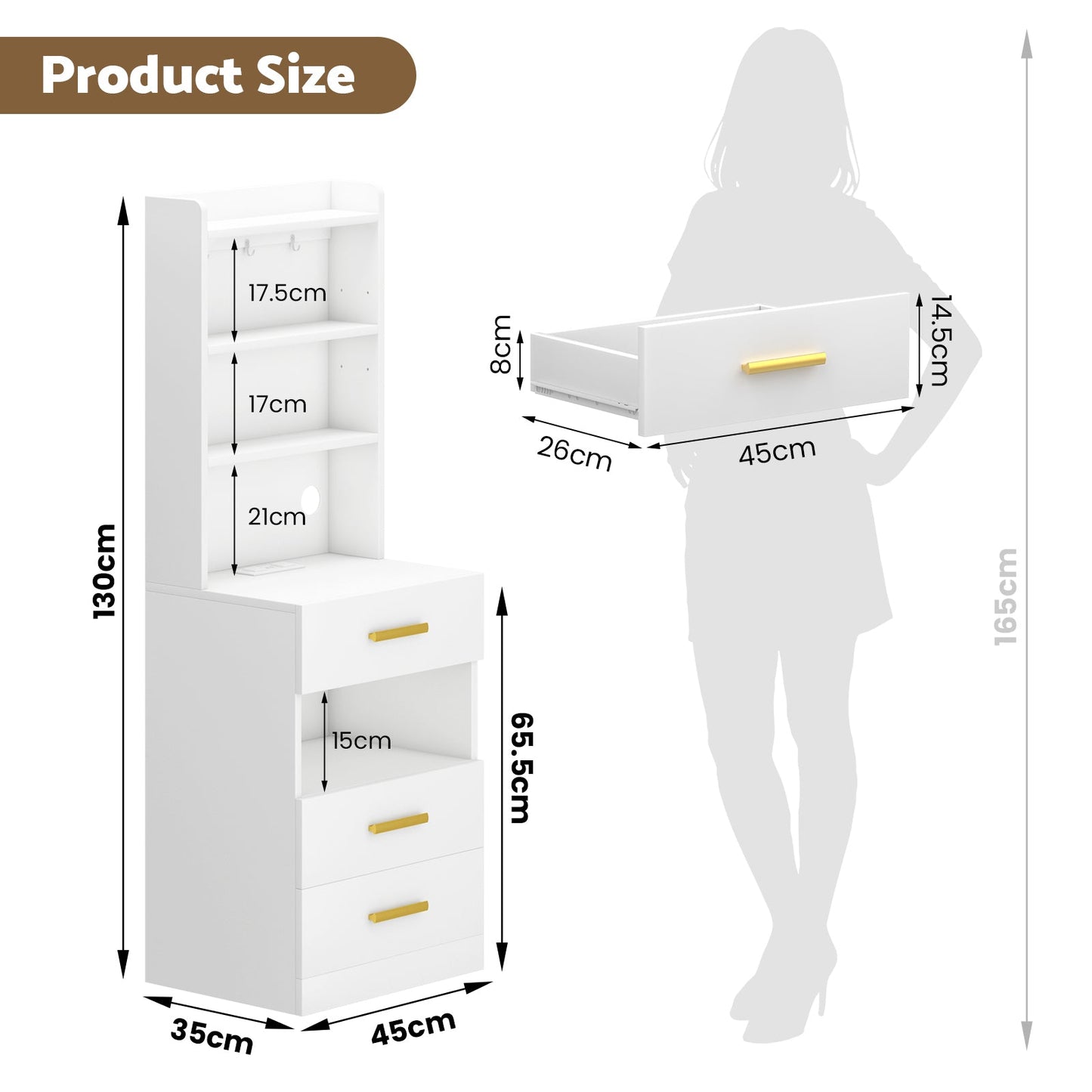 Advwin Set of 2 Tall Bedside Table with Charging Station