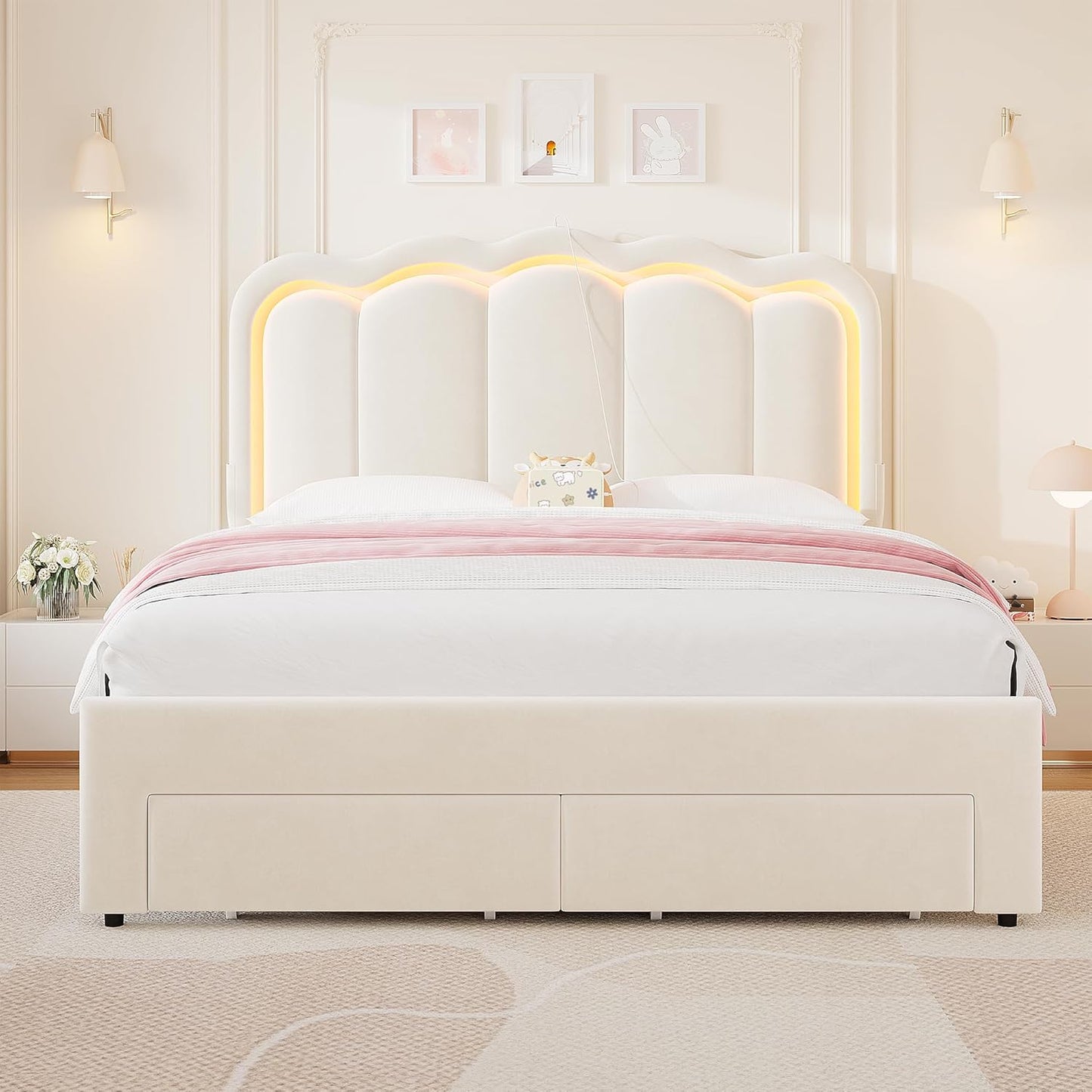 Advwin LED Bed Frame with Adjustable Headboard Beige