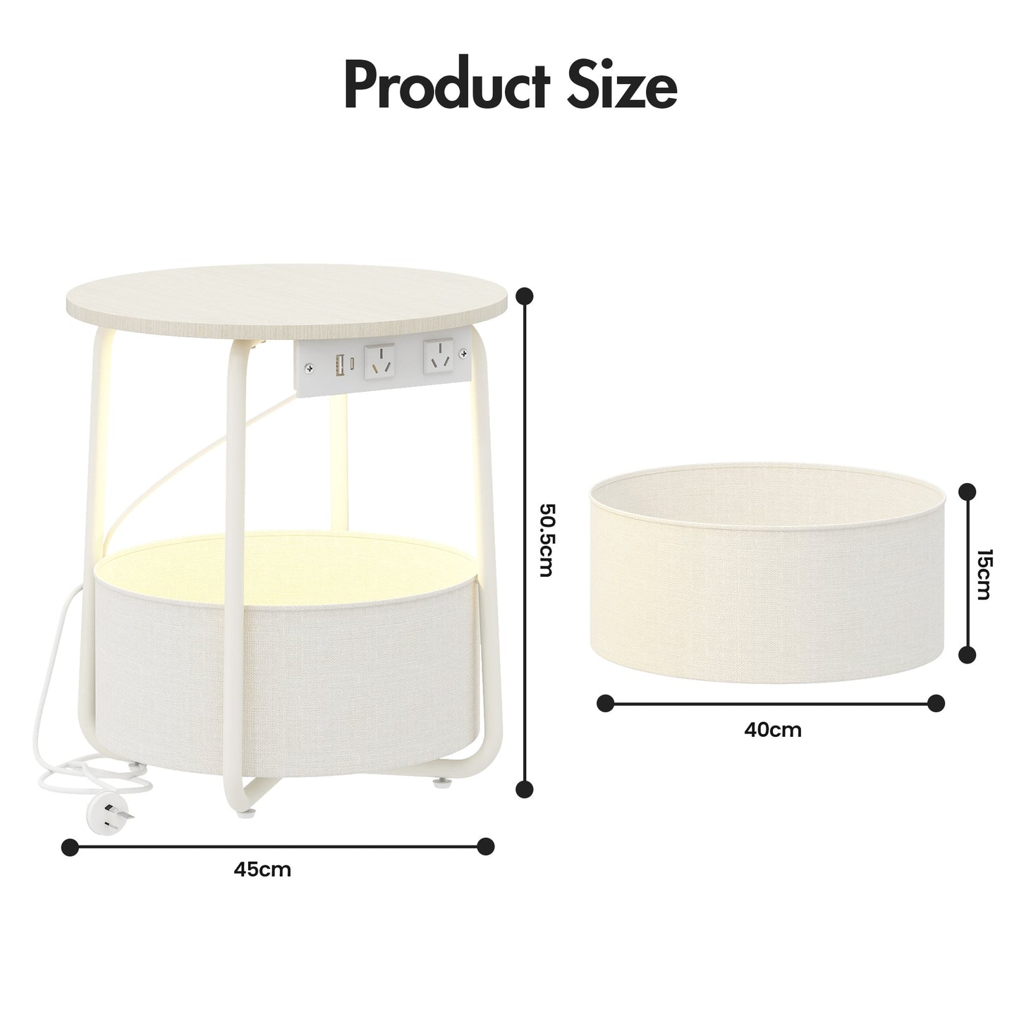 Advwin Small Round Side Table w/ Charging Station