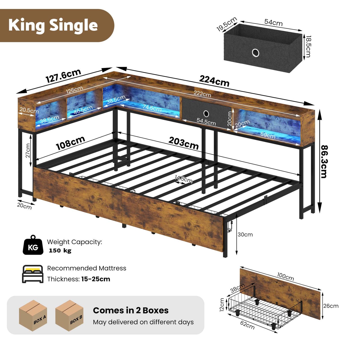 Advwin King Single Corner Bed Frame with Storage Drawers