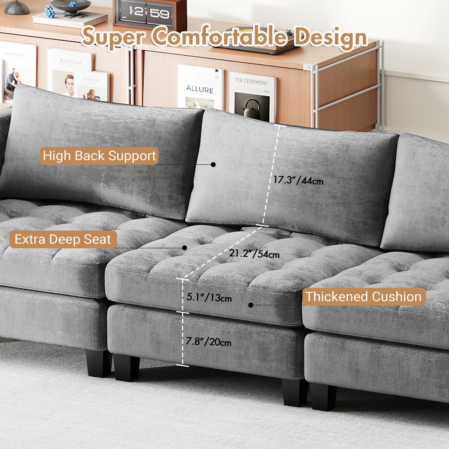Advwin 4-Seater Chenille Sectional Couch 346cm Gray