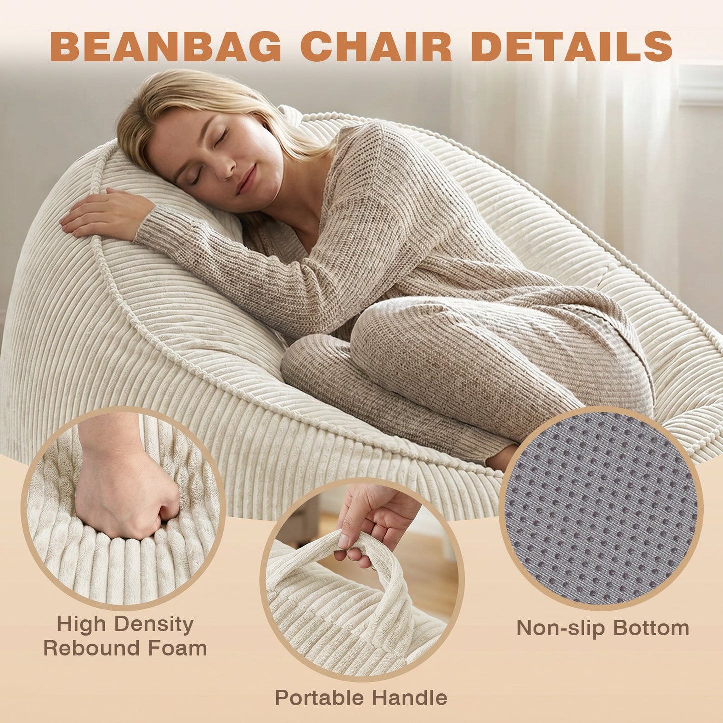 Advwin 90*92cm Corduroy Beanbag Sofa with Backrest