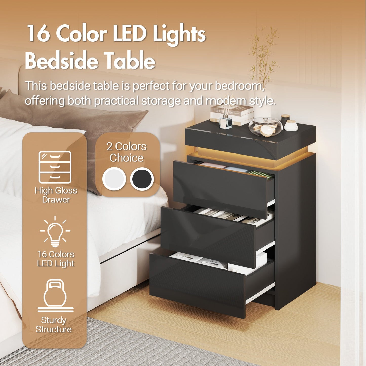 Advwin Bedside Table 3 Drawers With LED Light