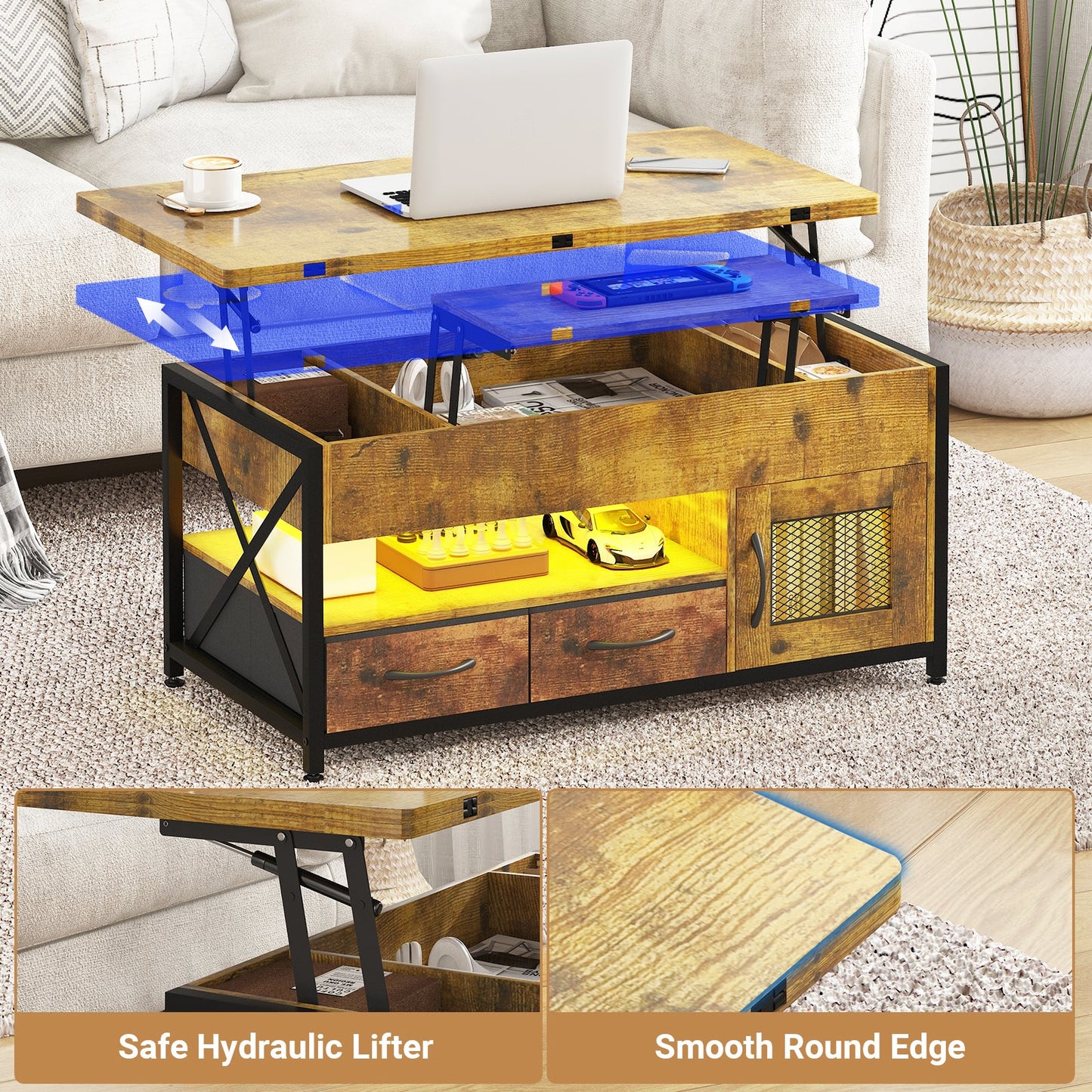 Advwin 4-in-1 LED Lift Top Coffee Table
