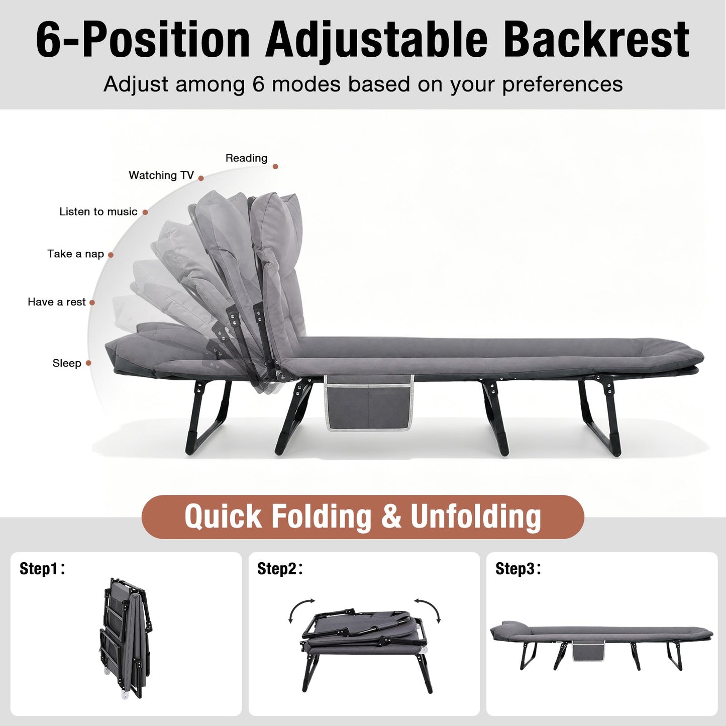 Advwin Folding Camping Cot w/ 6-Position Adjustable Backrest