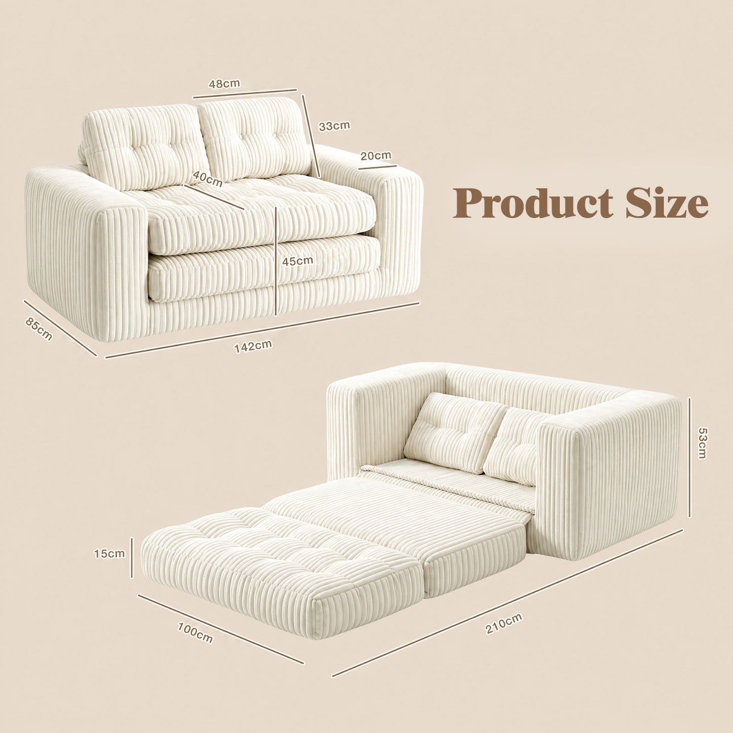 Advwin 2-in-1 Convertible Wide-Wale Corduroy Sofa Bed