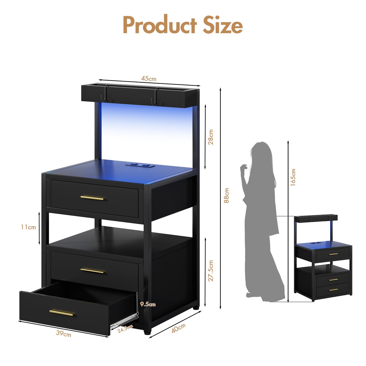 Advwin Bedside Table with Charging Station Set of 2