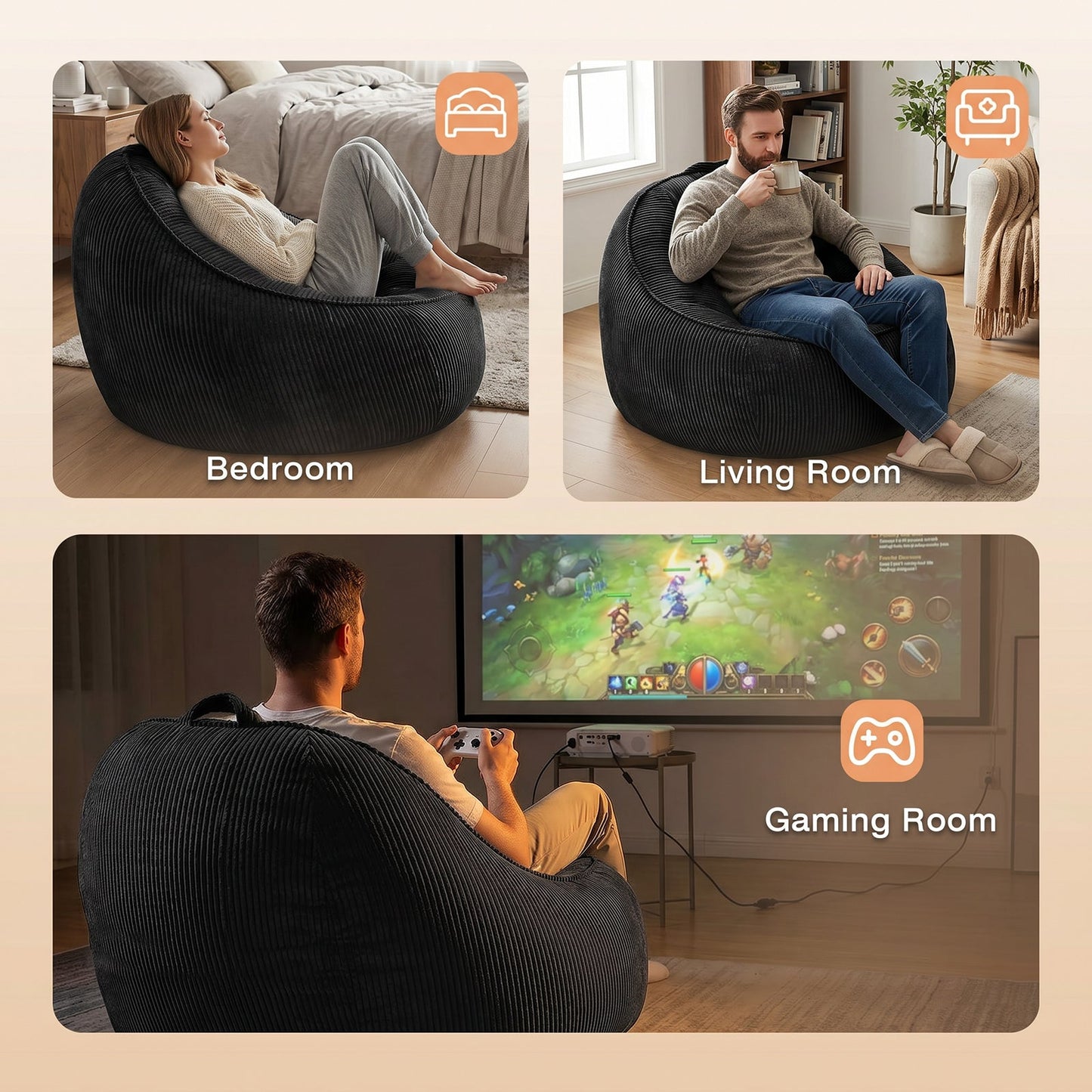 Advwin 90*92cm Corduroy Beanbag Sofa with Backrest