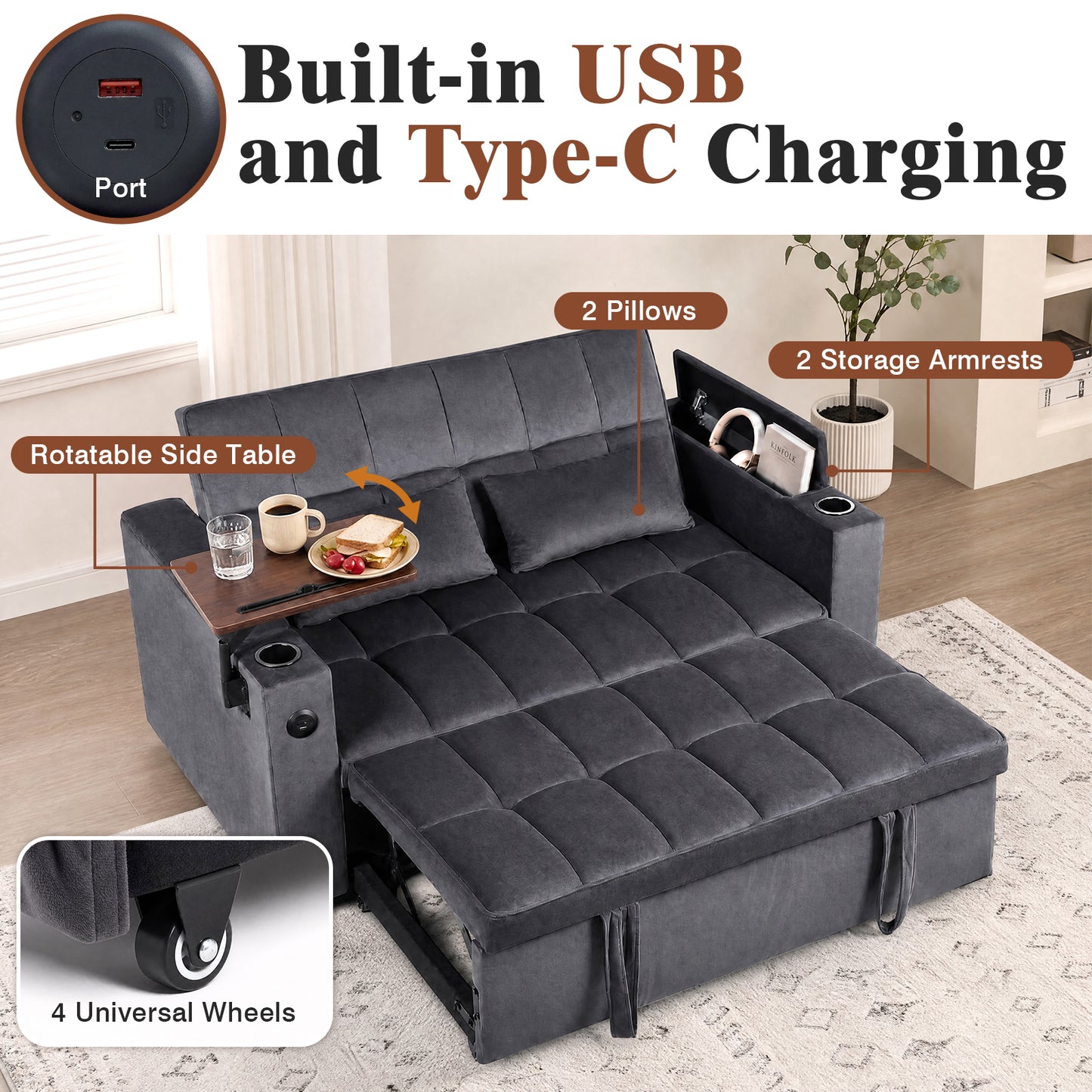 Advwin 3-in-1 Velvet Convertible Sofa Bed