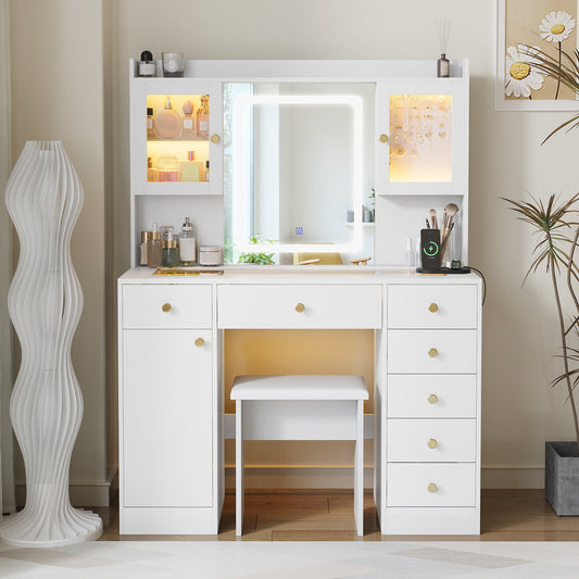 Advwin Dressing Table Set w/ Glass Desktop LED Light