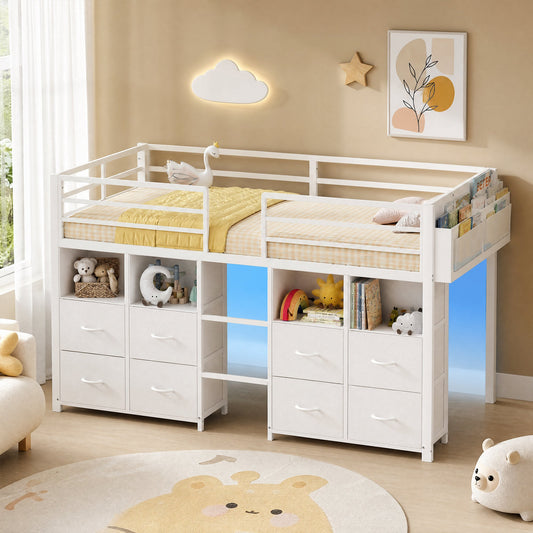 Advwin Low Loft Bed Frame with 8 Drawers & LED Light
