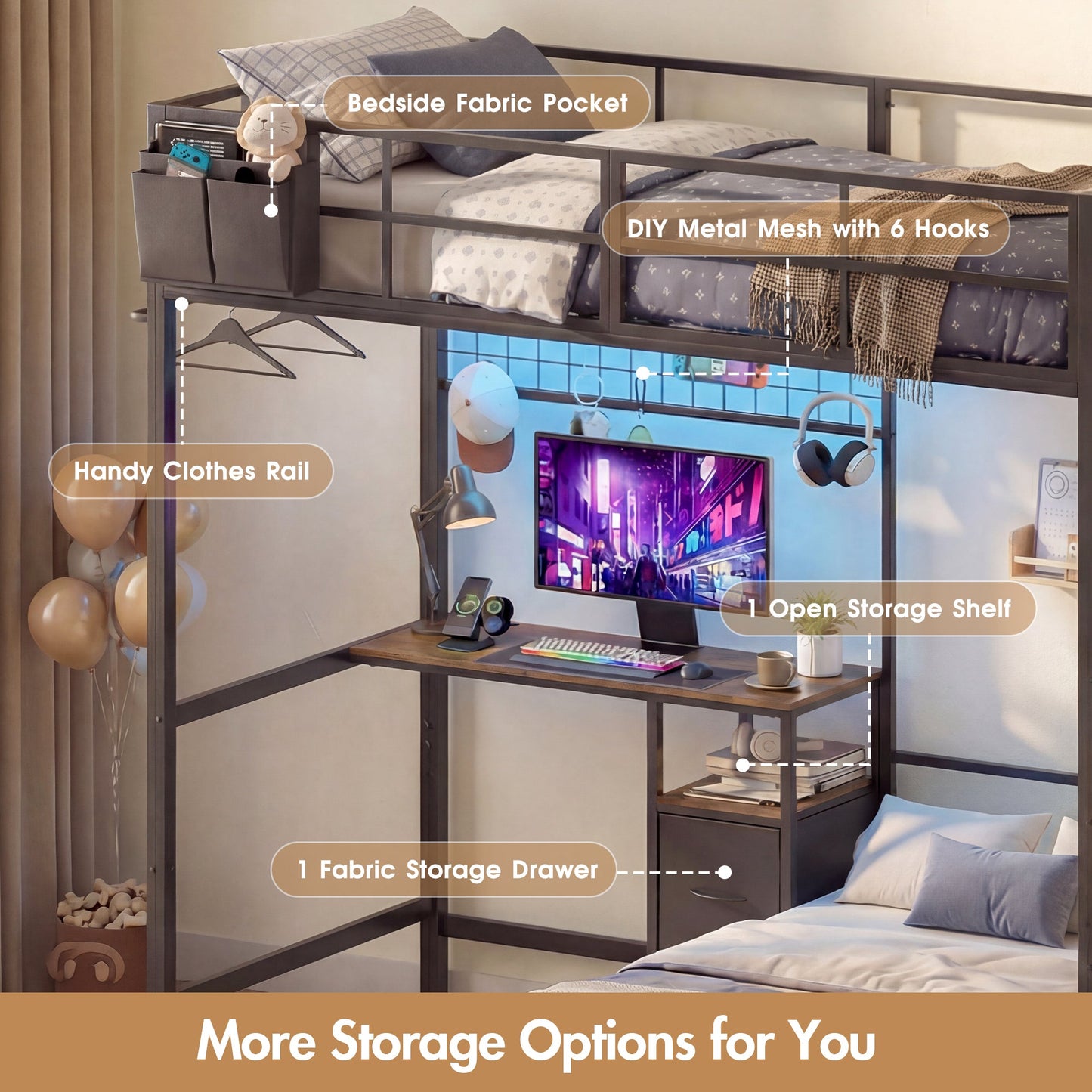 Advwin L-Shaped Bunk Bed w/ Desk Charging Station