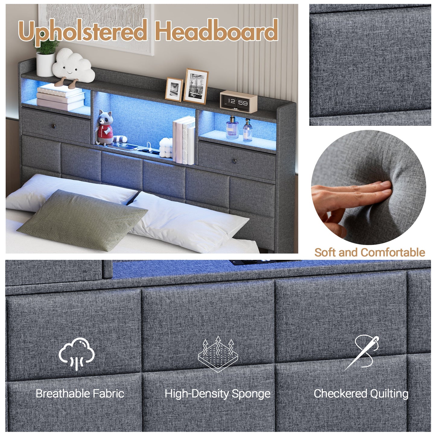Advwin Bed Frame with RGB LED and Charging Station Grey