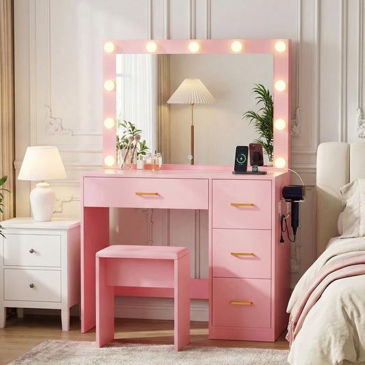 Advwin Dressing Table with Mirror and 11 Light Bulbs