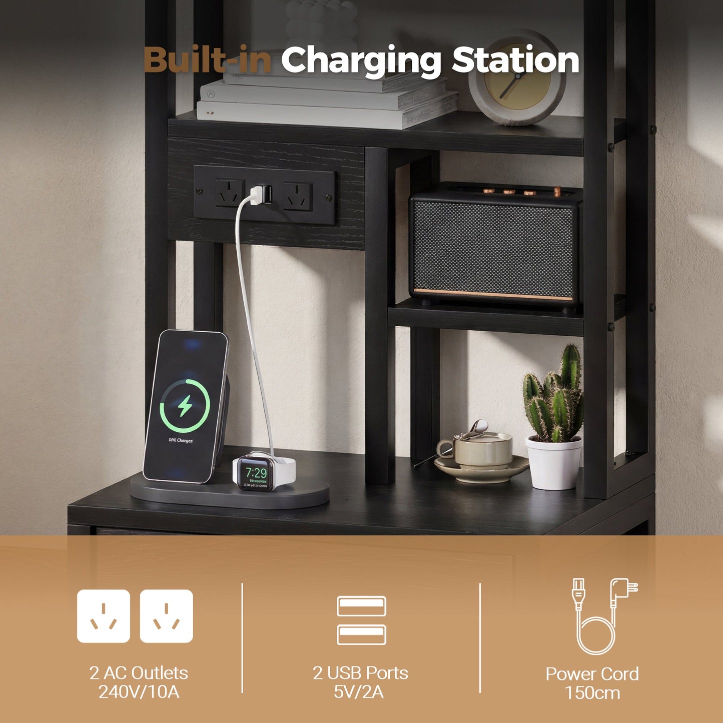 Advwin Tall Bedside Table with Charging Station