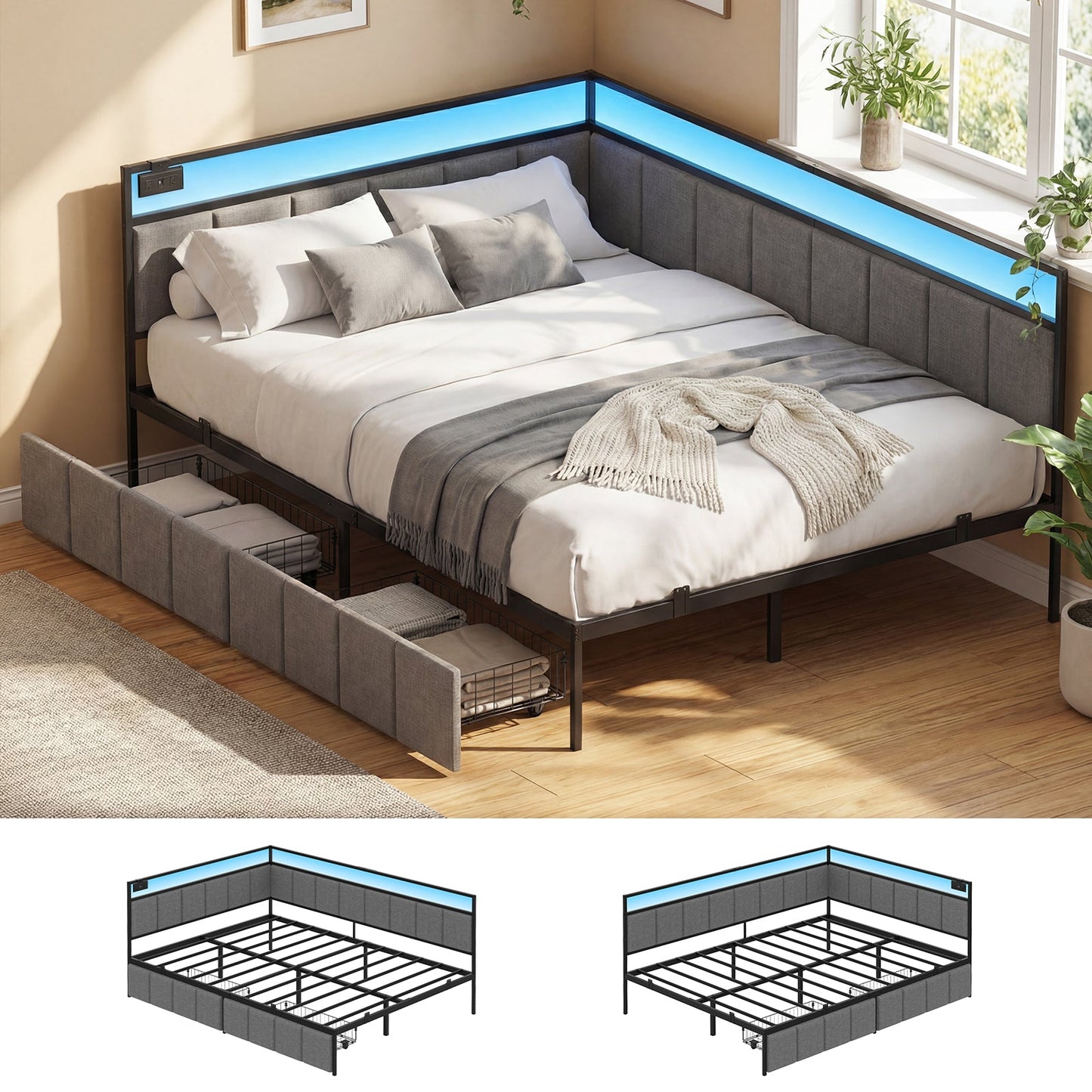 Advwin Corner Double Bed Frame with Charging Station