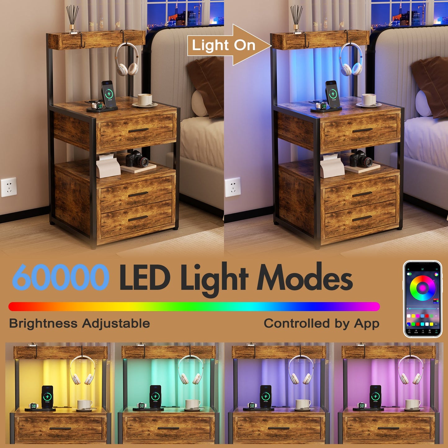 Advwin Bedside Table with Charging Station