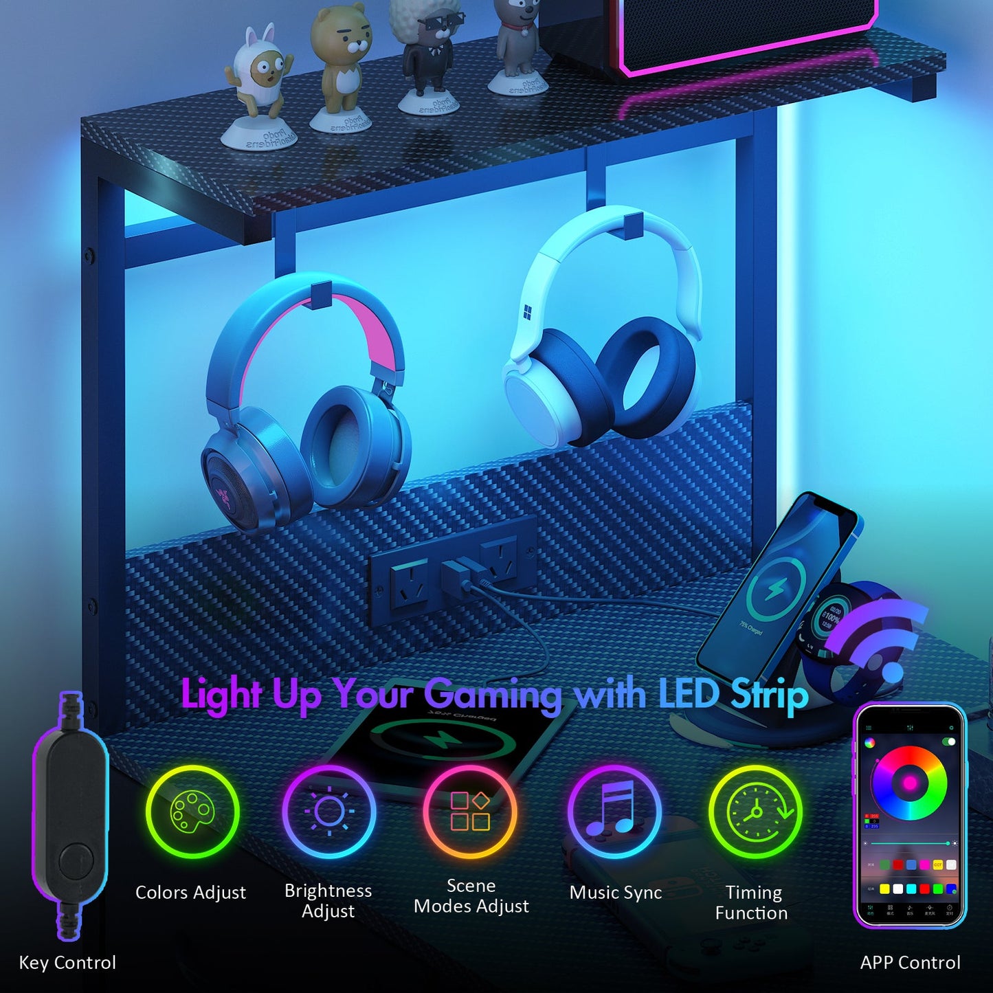 Advwin Gaming Desk with LED Lights & Storage Shelf
