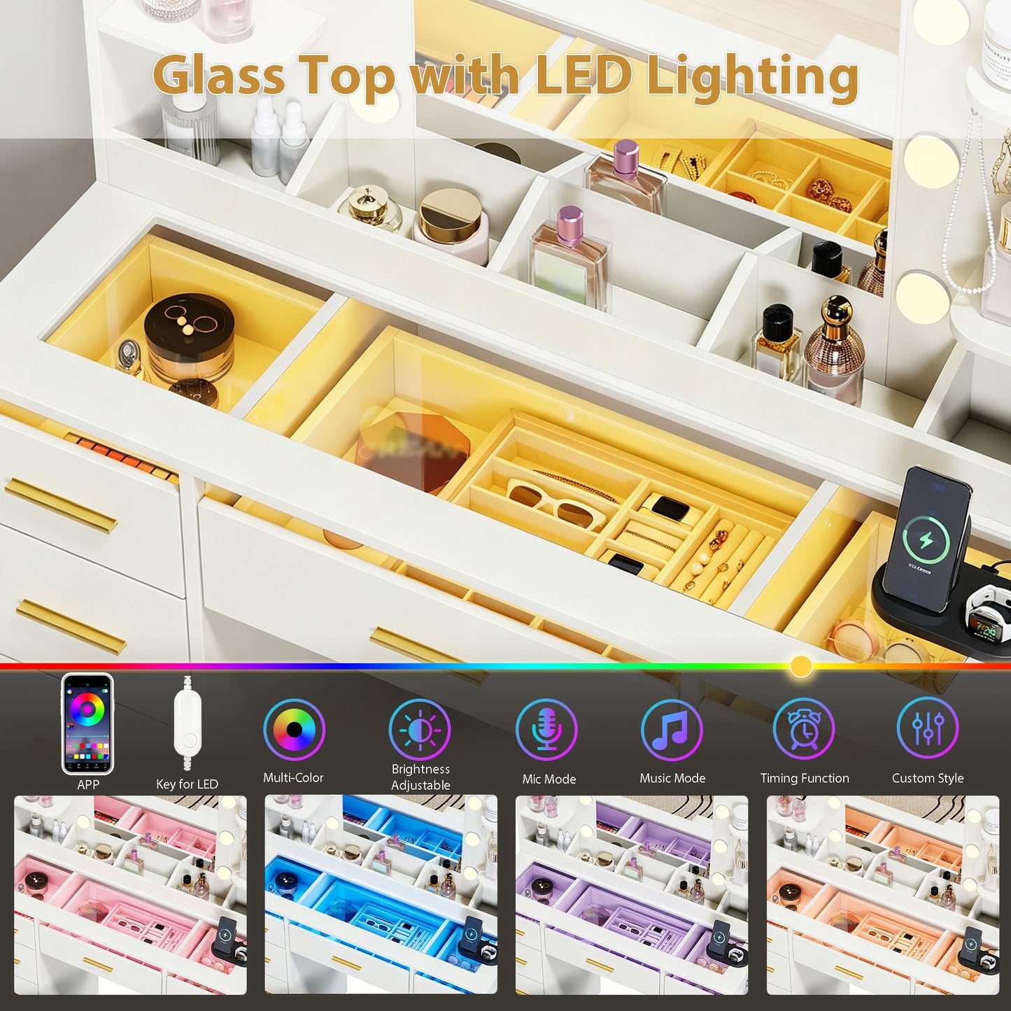 Advwin LED Makeup Vanity w/ Charging Station & 9 Drawers