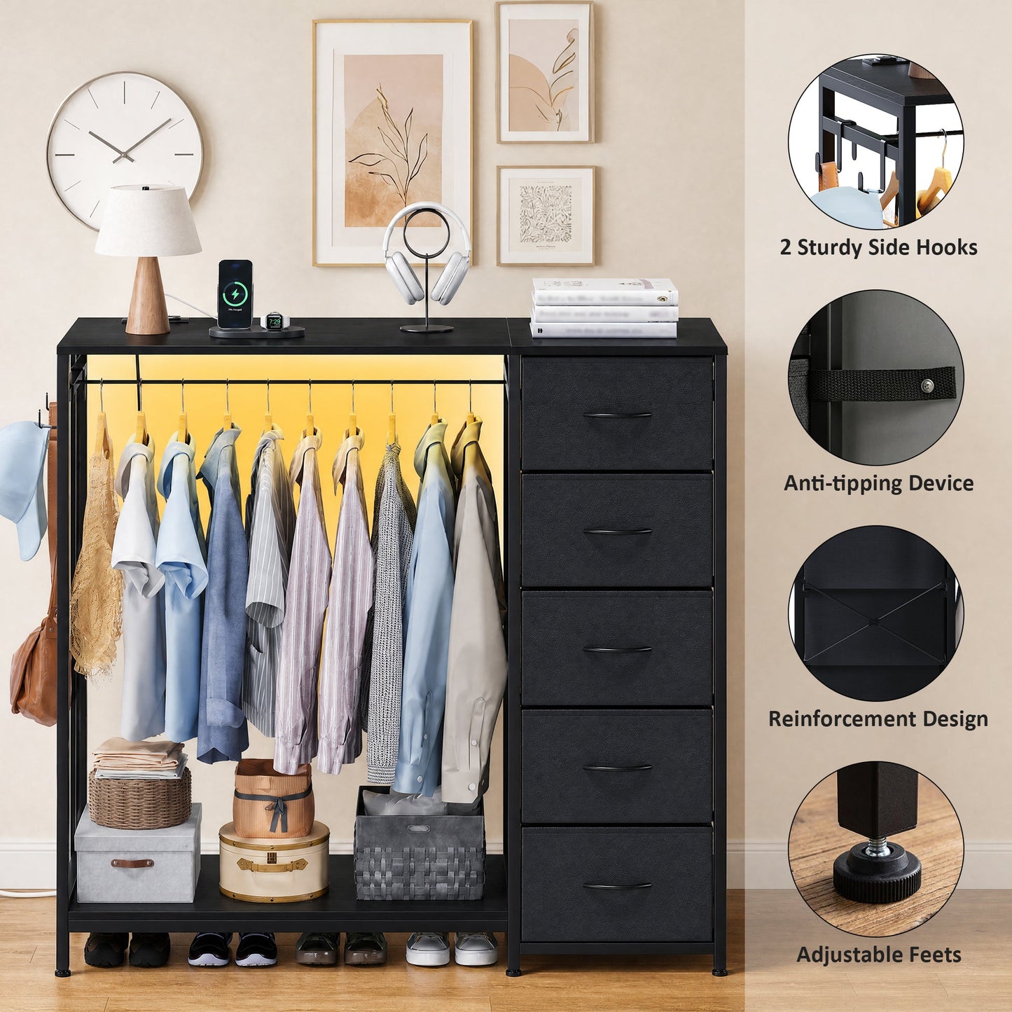 Advwin Fabric Chest of Drawers with Hanging Rack