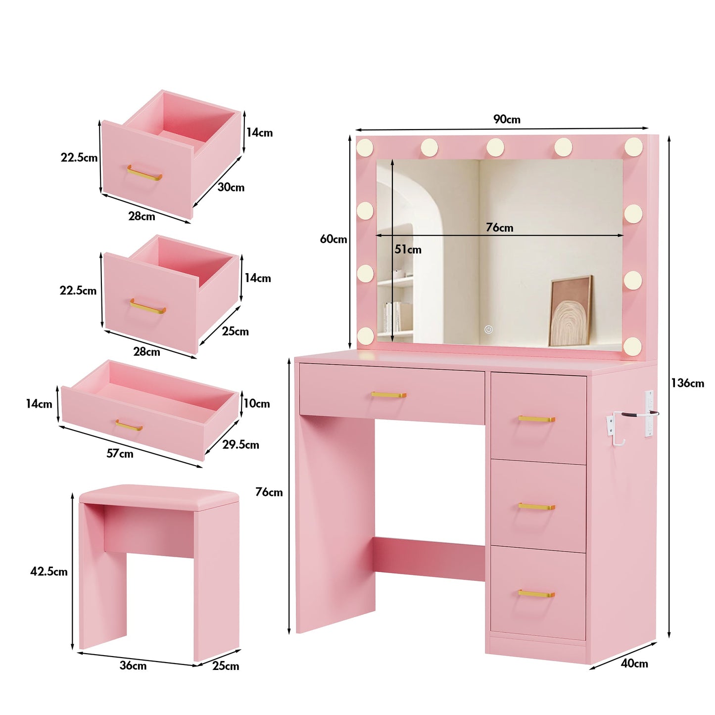 Advwin Dressing Table with Mirror and 11 Light Bulbs