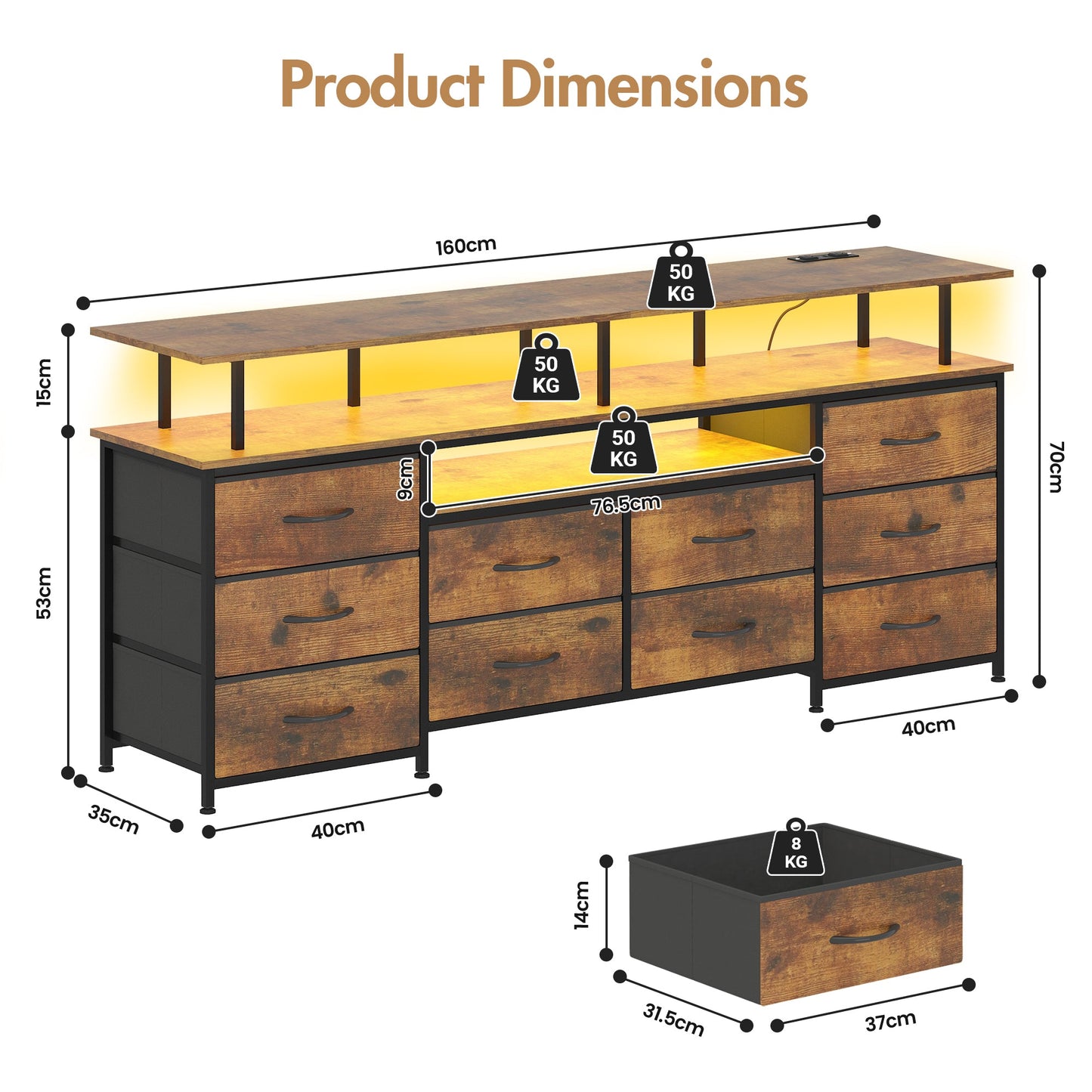Advwin 160cm TV Stand with Open Storage & LED Lights
