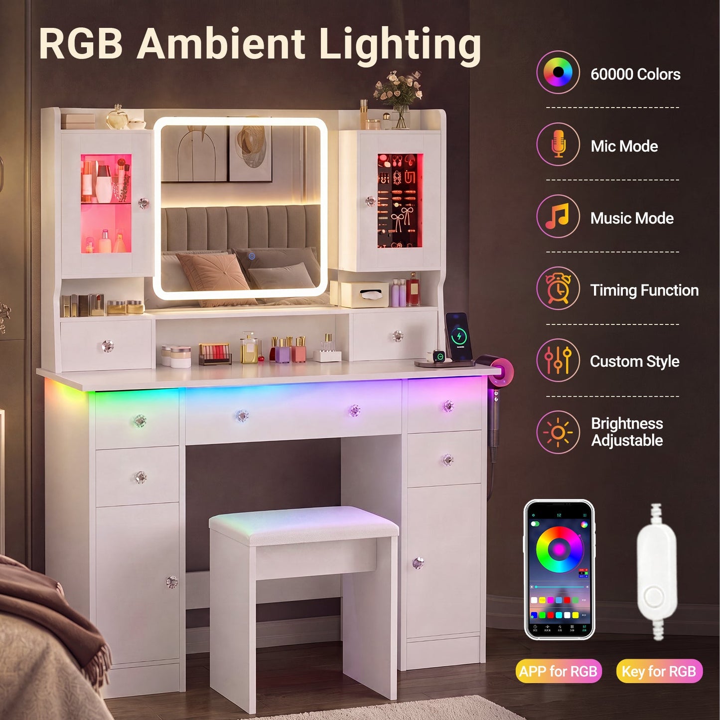 Advwin Dressing Table with RGB Light & Jewelry Cabinet