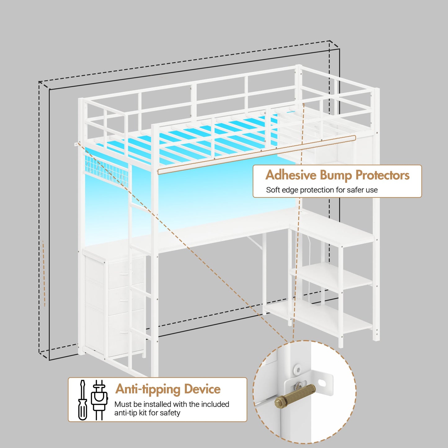 Advwin LED Loft Bed Frame w/ L-Shaped Desk & Charging Station