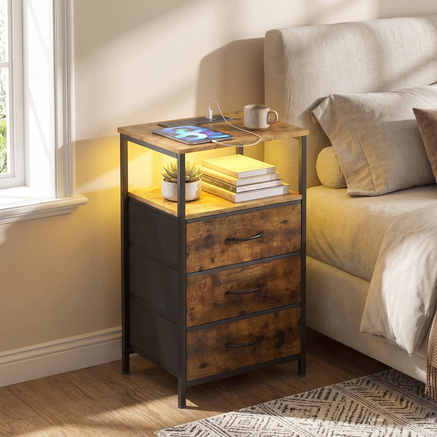 Advwin LED Bedside Table With Charging Station