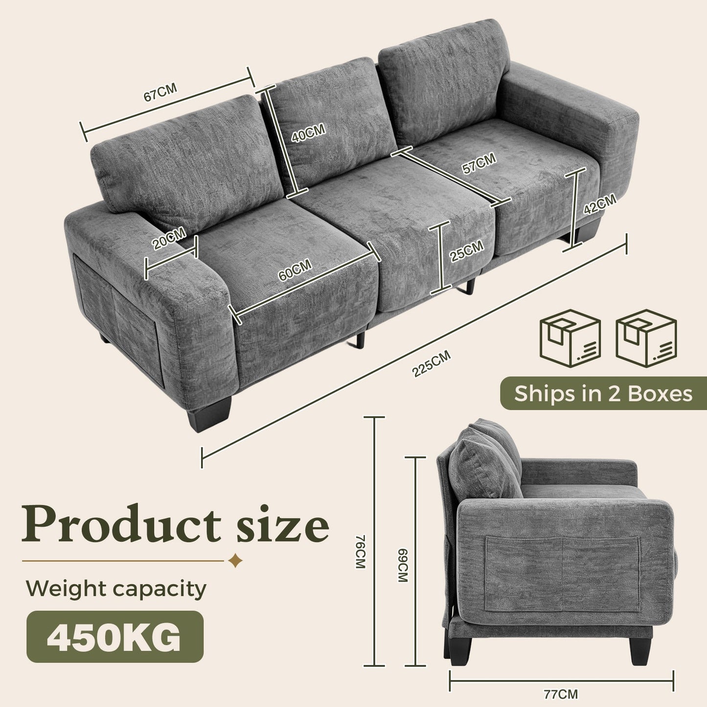 Advwin 3 Seater Sofa with Removable Backrest 225cm