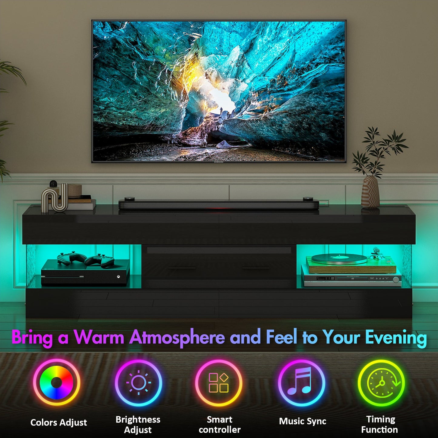 Advwin 152cm LED TV Stand High Gloss Cabinet w/ Drawer