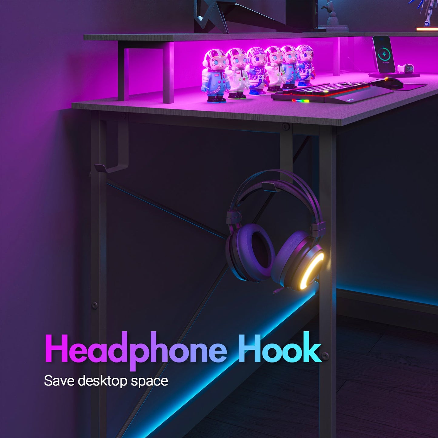 Advwin L Shaped Gaming Desk with LED Lights