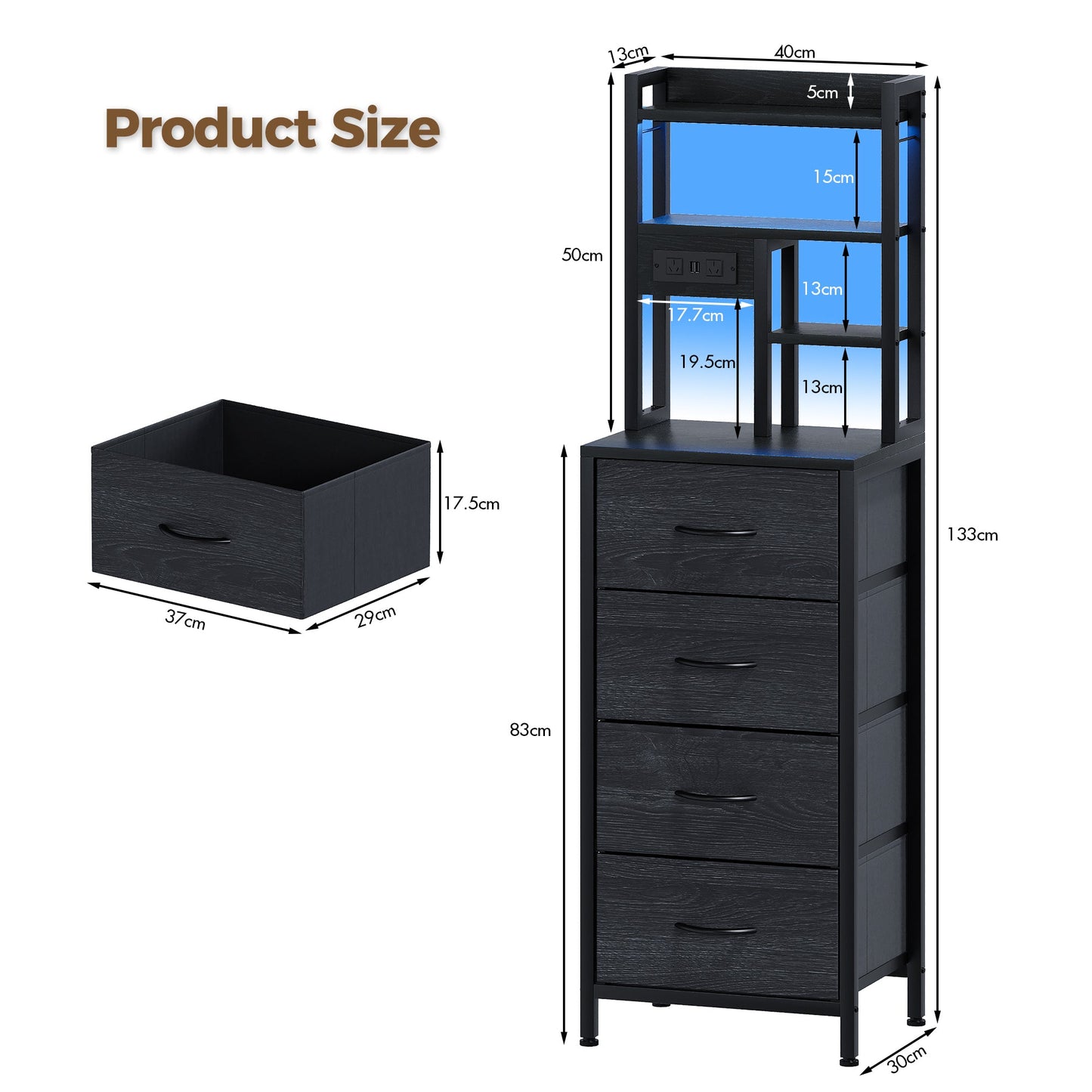 Advwin Tall Bedside Table with Charging Station