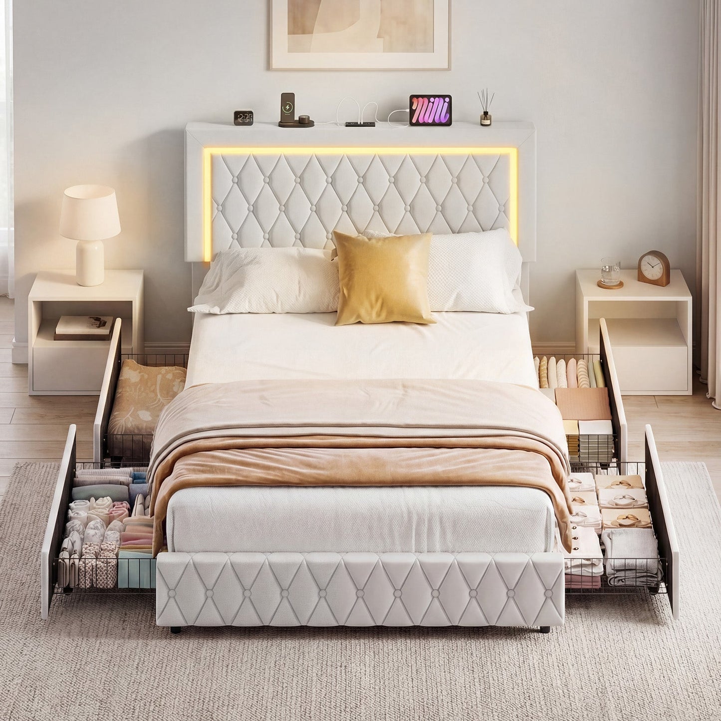 Advwin LED Bed Frame with Drawers and Charging