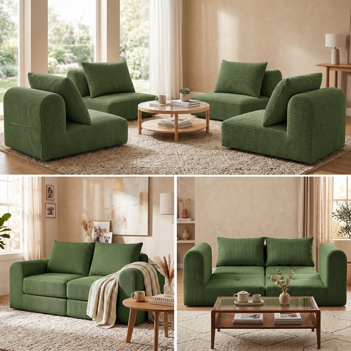 Advwin 172cm Modular Corduroy 3-in-1 Sofa Lounger