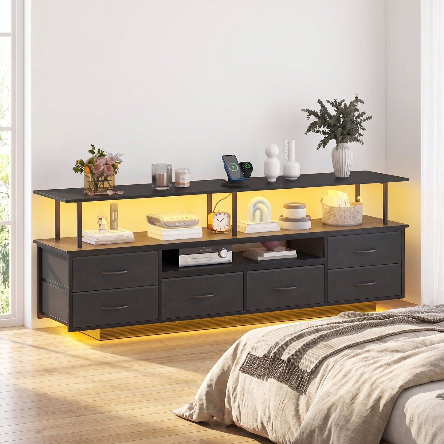 Advwin 160cm TV Unit Cabinet with Open Shelf & LED Lights