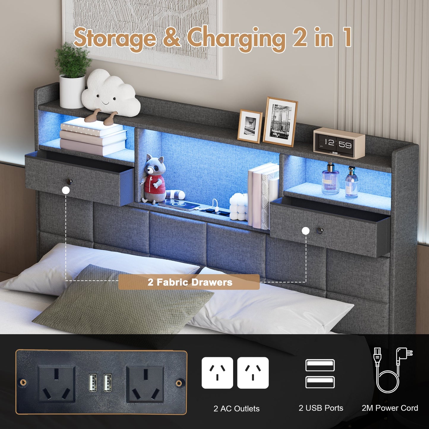 Advwin Bed Frame with RGB LED and Charging Station Grey