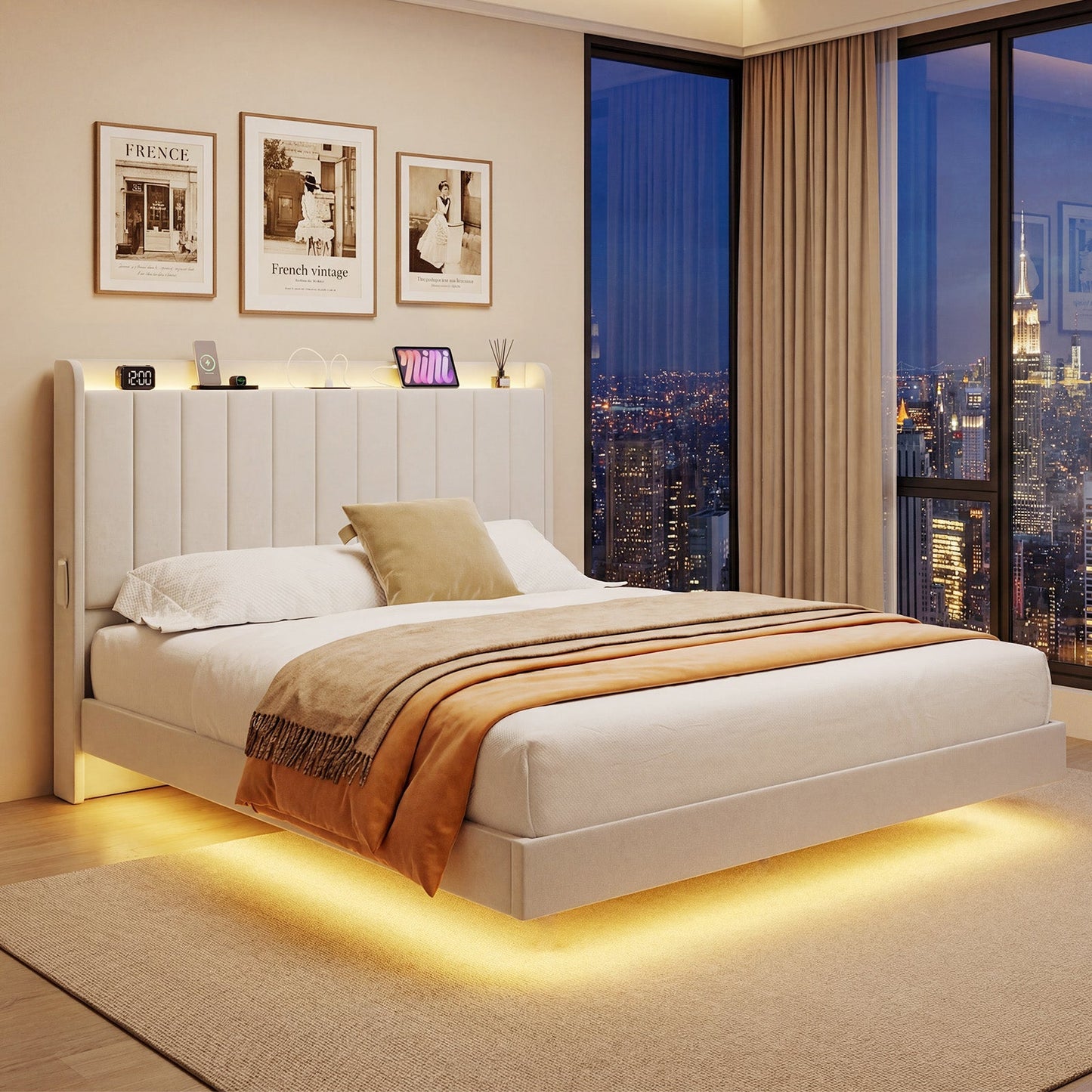 Advwin Velvet Floating Bed Frame with RGB LED