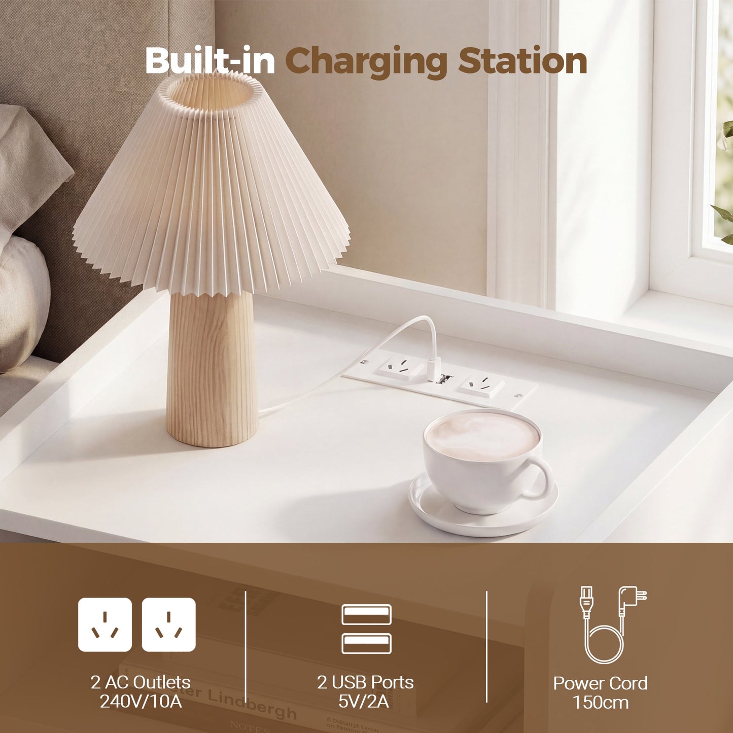 Advwin Bedside Table with Charging Station Nightstand