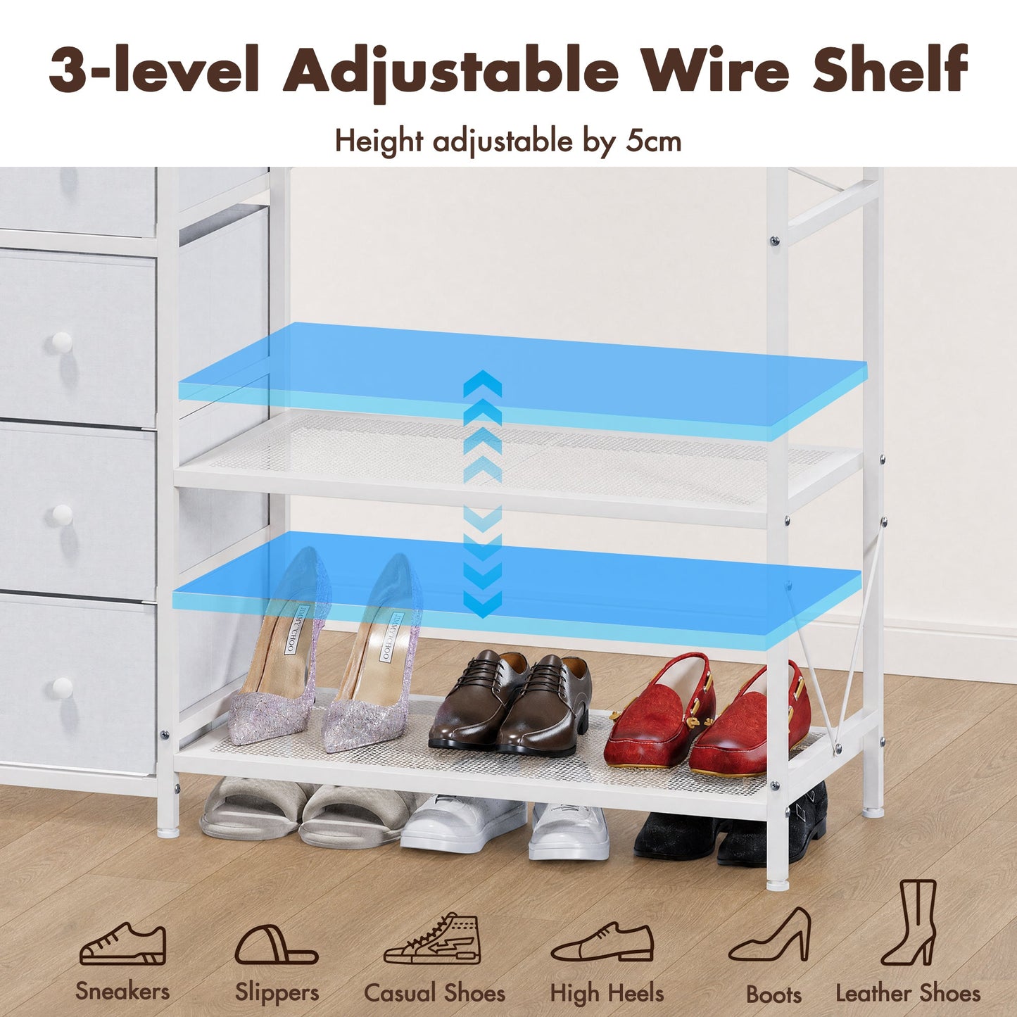 Advwin Portable Wardrobe with 2 Rods & 5 Drawers